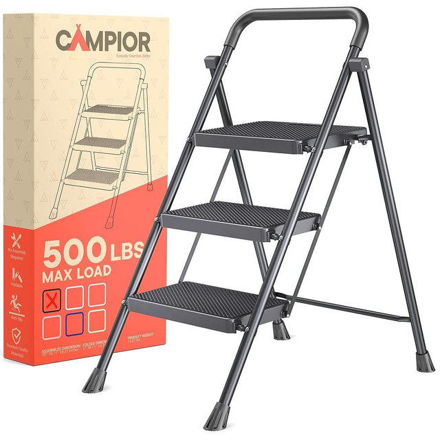 Black 3 Step Stool Foldable – Heavy-Duty Foldable Step Stool for Adults, 500 lbs Capacity, Anti-Slip Feet & Wide Steps, Sturdy Steel Frame, Lightweight & Space-Saving Design for Home, Kitchen & Garage