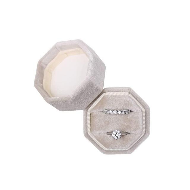 Velvet Jewelry Ring Box Engagement Wedding Box Keepsake Box Bridal Photo Ring Double Slots Octagon (Beige)