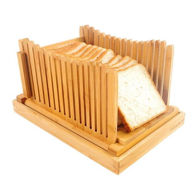 PURENJOY Bamboo Bread Slicers for Homemade Bread - Foldable Bread Slicing Guide with Crumb Catcher, Loaf Cakes Slicer, Bagels Slicer, Adjustable Slice Thickness (12.6" x 8.7" x 5.1", Original)