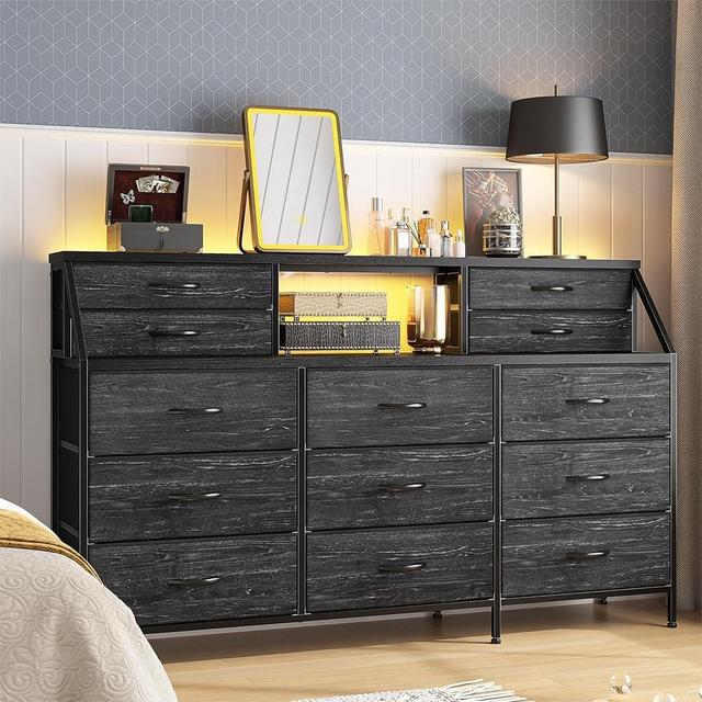 EnHomee 55”W Black Dresser, Dresser for Bedroom, Dresser with 13 Large Drawer, Dressers & Chests of Drawers, Black Dresser for Bedroom, Long Dresser for Closet with 2 Shelves