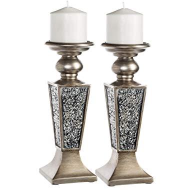 Creative Scents Schonwerk Pillar Candle Holder Set of 2- Crackled Mosaic Design- Home Coffee Table Decor Decorations Centerpiece for Dining/Living Room- Best Wedding Gift (Silver)