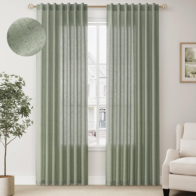 BOODII Semi Sheer Textured Linen Curtains 84 Inches Length Long, 2 Panels Set for Bedroom Dining Living Room,Back Tab,Rod Pocket,Clip Rings Light Filtering Window Drapes,W52 x L84,Sage Green