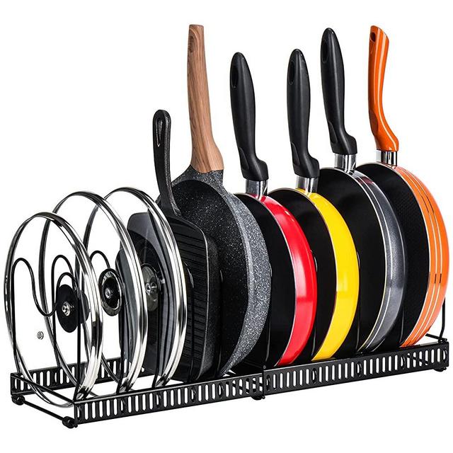 Toplife Expandable Pans Organizer Rack,10 Adjustable Compartments, Pantry Cabinet Bakeware Lid Plate Holder, Black