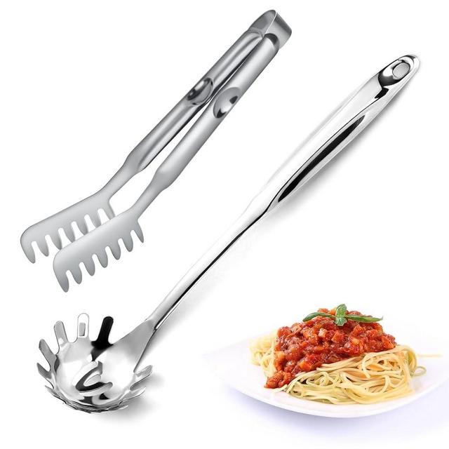 Pleafind Spaghetti Spoon and Spaghetti Tong 2-Piece Set, 13-Inch Non-Stick Spaghetti Fork and 9-Inch Kitchen Tong, Easy Storage and Cleanup, Ergonomic Design, stainless steel