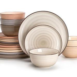 Sweese Plates and Bowls Sets, 18 Piece Dinnerware Set Porcelain Round Dinner Set for 6, Scratch Resistant Dishes Set, Dishwasher and Oven Microwave Safe Handpainted Swirl Dishware Sets, Neutral