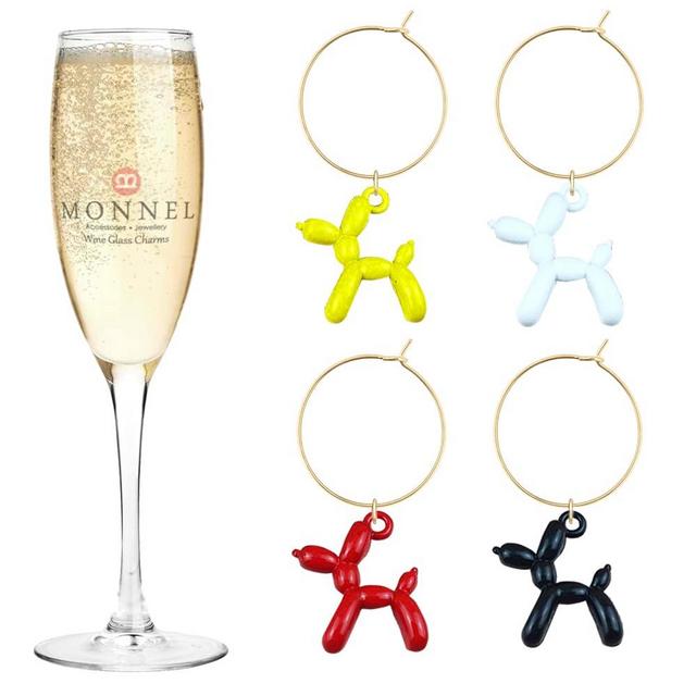 MONNEL P553 Assorted Little Dogs Wine Charms Glass Markers Tags for Party Decorations with Velvet Bag- Set of 4