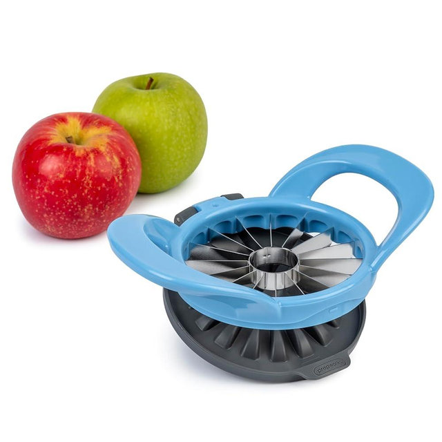 PrepWorks by Progressive Dishwasher Safe 16-Slice Thin Apple Slicer and Corer with Attached Safety Cover (Baby Blue)