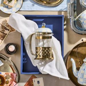 MACKENZIE-CHILDS Coffee French Press, Glass French-Press Coffee Maker, 32-Ounce Capacity, Light-Blue-and-White Sky Check