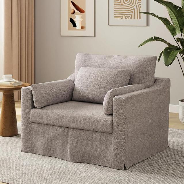 ONBRILL Oversized Accent Chair, 42 Inch Wide Slipcovered Sofa Chair with 3 Throw Pillows, Deep Seat Armchair w/Pocket Spring Cushion, Sloped Arms, Modern Single Couch for Living Room, Apartment, Wheat