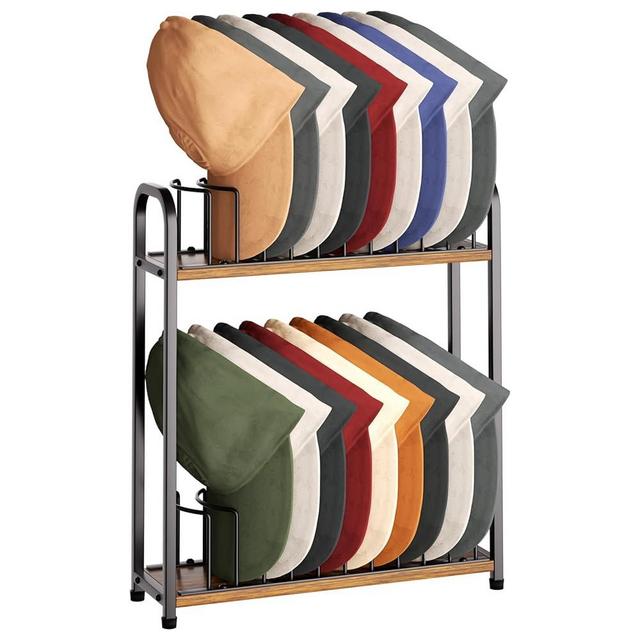 SWTYMIKI Hat Stand for Baseball Caps - 2 Tier Wood & Metal Tabletop Hat Organizer Storage Display Rack, Holds up to 20 Caps for Desk, Closet Shelf, Dresser (Black)