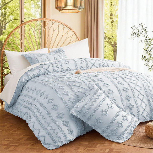 MR&HM MRHM Boho Duvet Cover King, Tufted Boho Bedding Set for Decoration,All-Season Soft Microfiber Textured Comforter Cover, Zipper Closure & Corner Ties, 1 Duvet Cover & 2 Pillow Shams, Dusty Blue