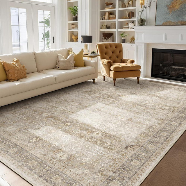 Jainmy Beige Taupe Area Rug 6x9, Vintage Neutral Earth Tone Rugs for Living Room Bedroom, Washable Non Slip Low Pile Thin Carpet Rug for Dining Room Playroom Guest Room Home Office