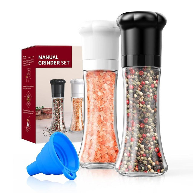 CIRCLE JOY Premium Manual Salt and Pepper Grinder Set, Refillable Salt and Pepper Shakers with Ceramic Blades, Adjustable Coarseness and BPA-free 180ml Glass Container, Tall Black White