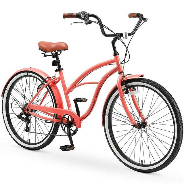 sixthreezero Around The Block Casual Edition Women's Single Speed Beach Cruiser Bike, 26" Bicycle, Coral with Brown Seat and Brown Grips, One Size