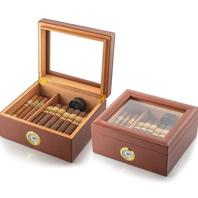 Amerigo Luxury Handcrafted Cigar Humidor - Leather Glass Top Cigar Box - Cigar Gifts for Men - Cigar Accessories - Humidor Humidifier with Cedar Core, Divider & Front Hygrometer - Holds 25-50 Cigars