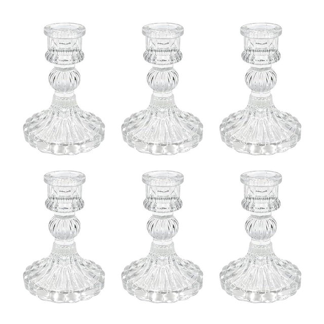 Showin Glass Candlestick Holders Set of 6, Clear Stripe Taper Candle Holders for Table Centerpiece, Home Decorations, Valentine Day, Wedding and Party