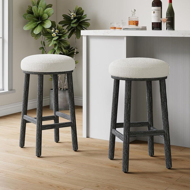 Christopher Knight Home Aubrie Counter Height Bar Stools Set of 2, Boucle Fabric Round Bar Stool for Kitchen Island, Wooden Backless Dining Room Chair, Counter Stool with Footrest, Black+Milky White