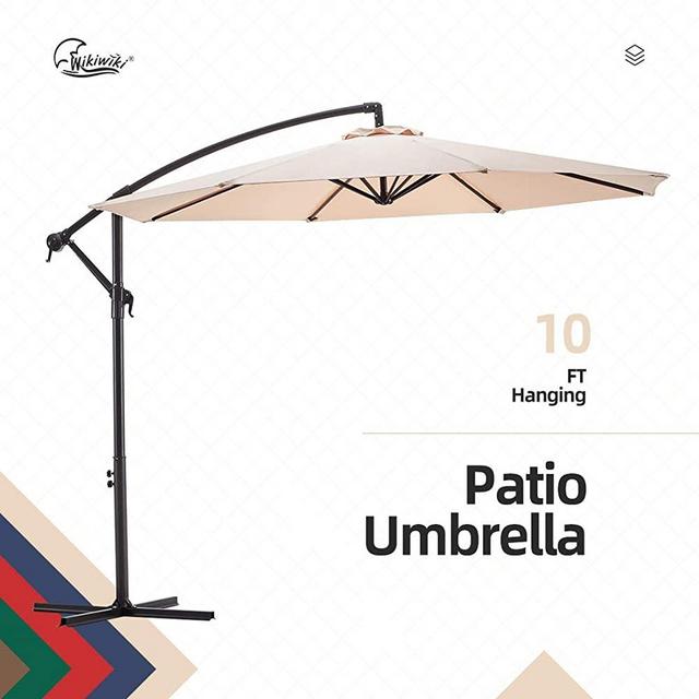 wikiwiki Offset Umbrella 10ft Cantilever Patio Umbrella Hanging Market Umbrella Outdoor Umbrellas with Crank & Cross Base(Beige)