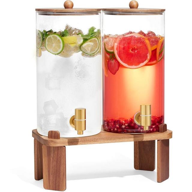 2 PCS 1.5 Gallon Drink dispenser, Glass Beverage Dispenser With Wood Stand, Large Water Drink Dispensers for Parties With Stainless Steel Spigot, Ideal for Lemonade,Juice, Tea, and Party Drinks