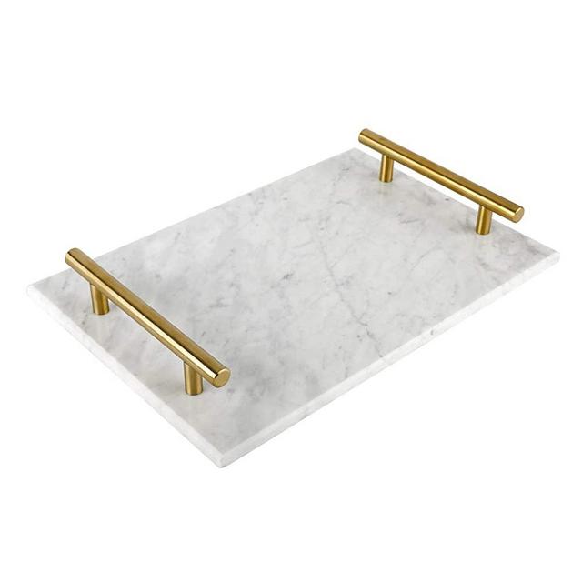 HighFree Marble Stone Decorative Tray Perfume Tray with Copper-Color Metal Handles Handmade Jewellery Tray Catchall Tray Trinket Tray for Counter, Vanity, Dresser, Nightstand and Desk (White)