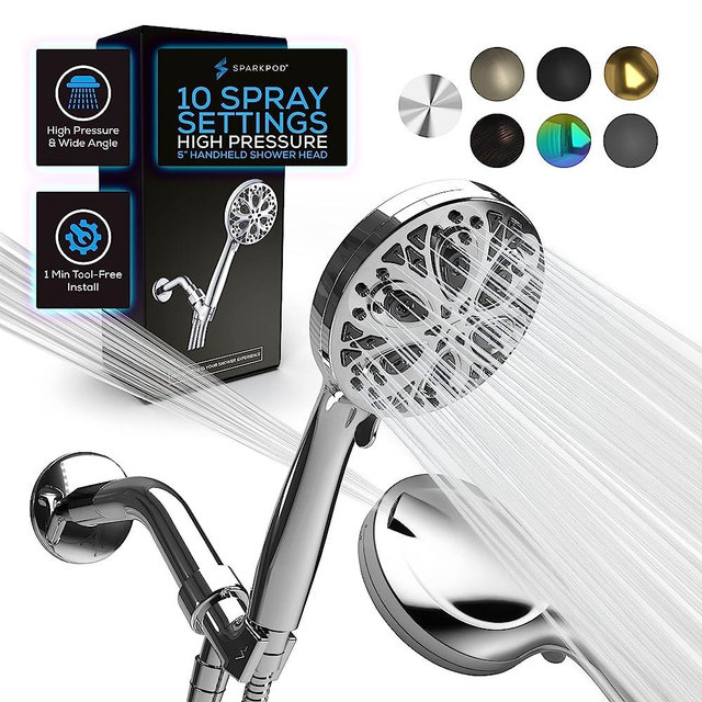SparkPod 10 Spray Setting Shower Head with Handheld - Luxury 5" High Flow Hand Held Shower Head with High Pressure Jets, Premium Stainless Steel 6ft. Hose & Bracket (Polished Chrome)