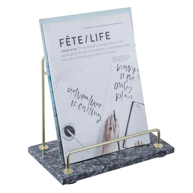 MyGift Modern Black Marble Cookbook Stand, Kitchen Countertop Recipe Holder Stand with Brass Tone Metal Rail