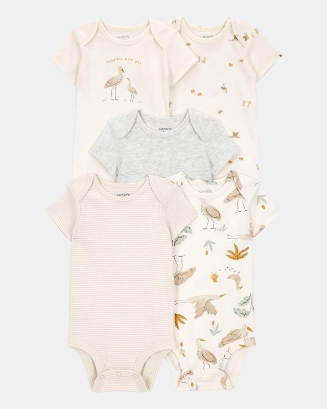 Baby 5-Pack Striped Birds Short Sleeve Cotton Bodysuits - Ivory
