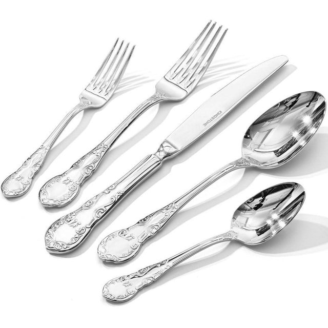 KINGSTONE Vintage Silverware Set, 20-Piece 18/10 Stainless Steel Silverware Set for 4 with Floral Handles, Design Mirror Polished, Utensil Sets for Home Restaurant Wedding，Dishwasher Safe