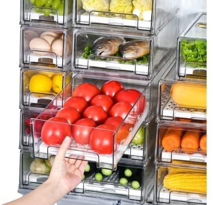 Fridge Storage Box for Fruits and Veg and Meat - Stackable Food Storage Containers - Plastic Storage Containers with Sliding Vent - Food Grade PET (6, 3 Medium 3 Large)
