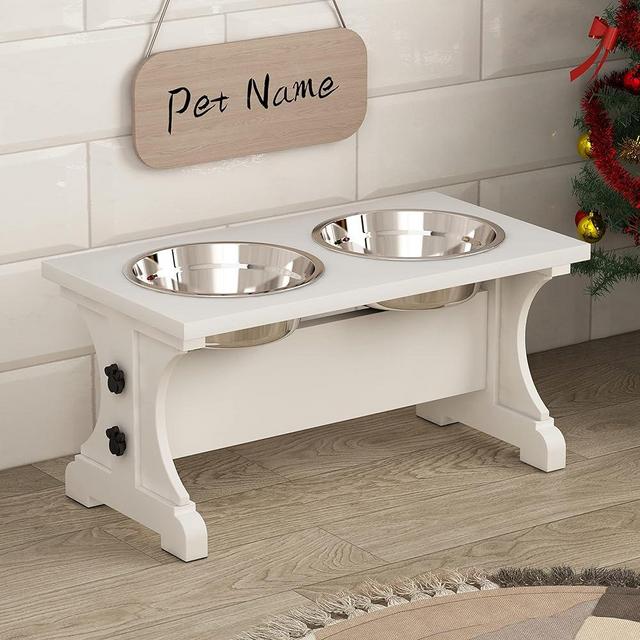 Piskyet Elevated Dog Bowls,Farmhouse Dog Bowls Stand, Raised Dog Bowl with 2 Stainless Steel Wooden Dog Bowls,3.5Cups 8.6" H_30 oz Bowl-White