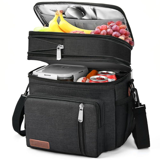 BAGNN Lunch Box for Men/Women-Insulated Lunch Bag-Expandable Double Cooler Bag-Reusable Adult Lunchbox with Adjustable Shoulder Strap (Black
