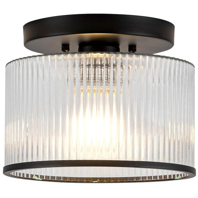 Zlepmlla Glass Ceiling Light, Clear Ribbed Glass Ceiling Light Fixture with Black Metal Frame, Modern Semi Flush Mount Ceiling Light for Hallway, Bedroom, Bathroom, Entryway, Kitchen