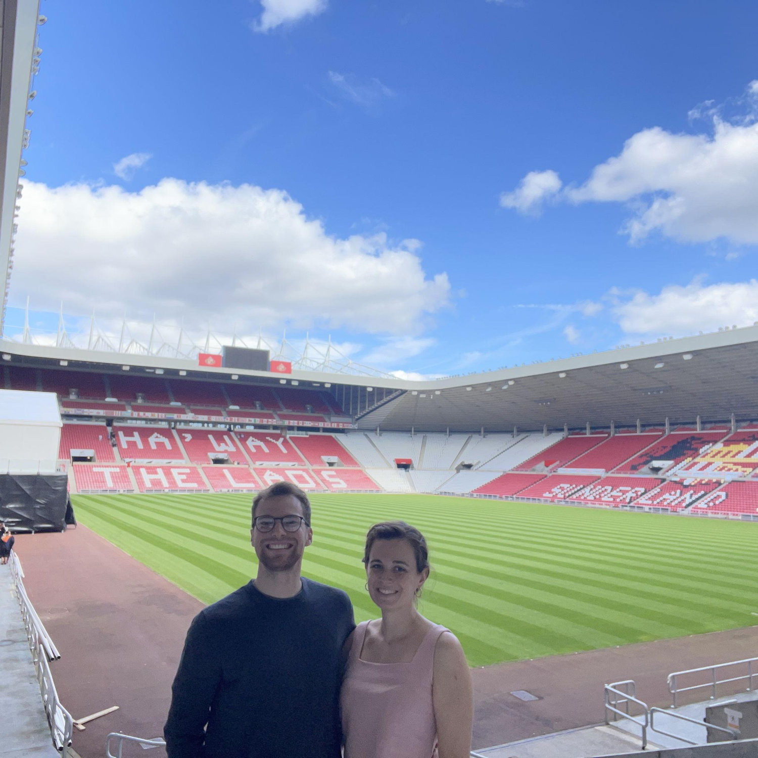 While visiting Emma's friend Minke in Durham, England in July 2023, we traveled to Sunderland to see Max's favorite soccer team's stadium! One day we hope to go back for a match.