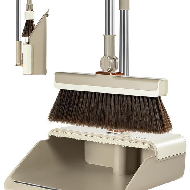 INDCAN Broom and Dustpan Set for Home, 54 Inch Long Handle Upright Broom, Rotatable Broom Head with Magnetic Mount & Self-Cleaning Teeth Comb, Indoor Floor Sweeping Set (Santra Pro) - Sandstone Beige