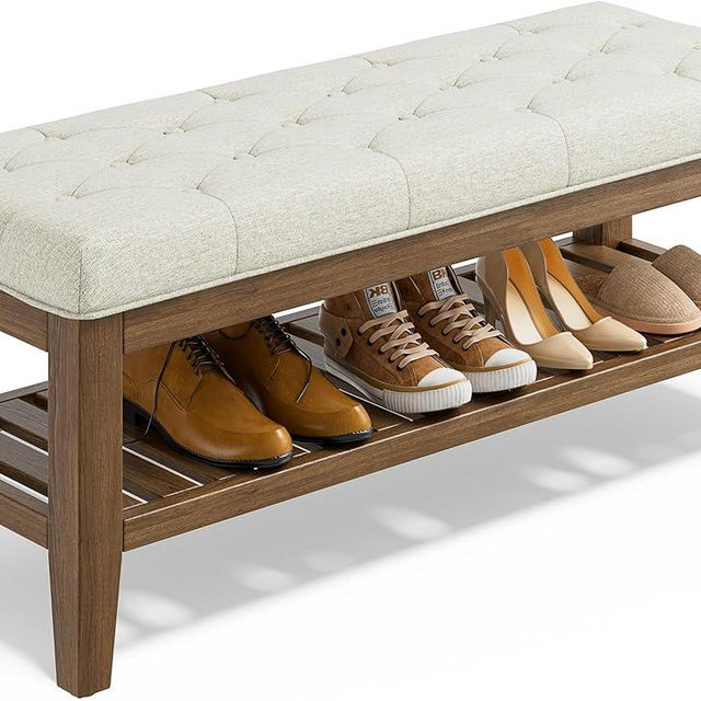 YaFiti End of Bed Storage Bench, 42.9" Entryway Shoe Bench with Solid Wood Shelf, Upholstered Ottoman with Padded Seat for Bedroom, Hallway and Living Room, Beige