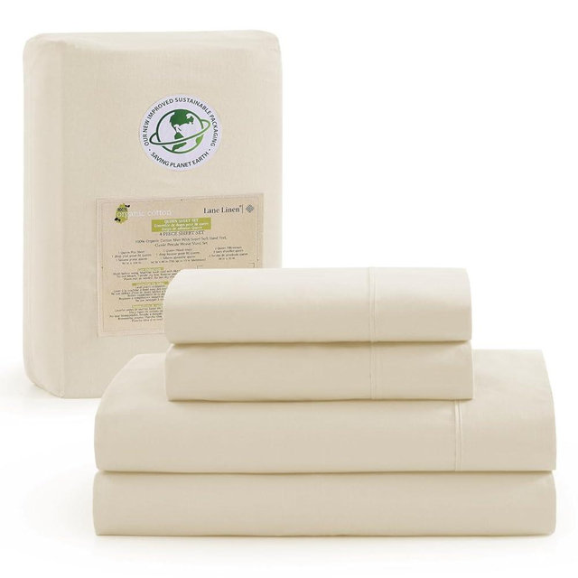 LANE LINEN 100% Organic Cotton California King Sheets Set, 4-Piece Pure Organic Cotton Long Staple Percale Weave Soft Best Bedding Sheets for Bed, Breathable, Fits Mattress Upto 15" Deep - Natural