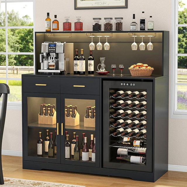 Gyfimoie Wine Bar Cabinet with Mini Fridge Space, 53" Wide Large Coffee Bar Cabinet with LED Lights and Outlets, Home Liquor Storage Cabinets with Glass Doors for Living Room, Dining Room, Kitchen