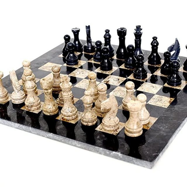 RADICALn 15 Inches Large Handmade Black and Fossil Coral Weighted Marble Full Chess Game Set Staunton and Ambassador Gift Style Marble Tournament Chess Sets