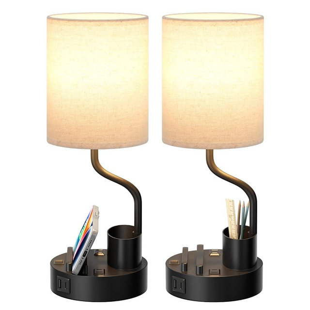 Bedside Table Lamps for Bedroom Set of 2 - Nightstand Light with AC Outlet and USB A & C for Charging, 3 Color Temperatures Desk Lamp with Pen Holder & Phone Stand for Living Room/Dorm/Office
