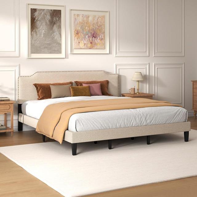 Pingliang Home King Size Bed Frame with Adjustable Headboard Platform, 18 Thickened Legs, Fabric Upholstered Headboard, No Box Spring Needed, Noise-Free, Easy Assembly, Beige