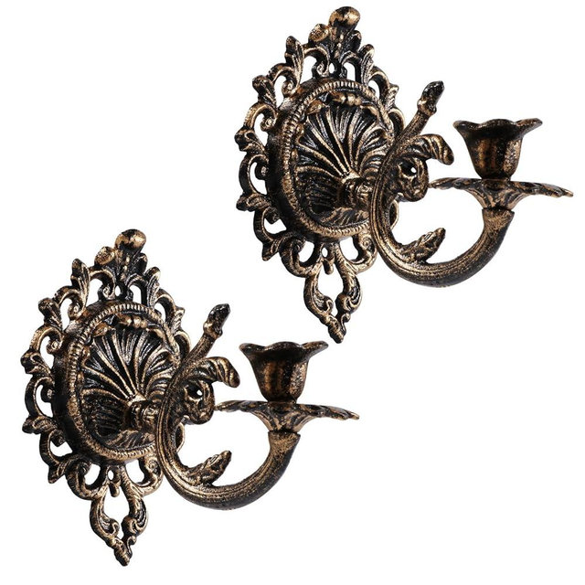 Polifish Antique Gold Wall Candle Holder Set of 2, Vintage Taper Candle Wall Sconce, Cast Iron Candlestick Holders Decor for Living Room, Fireplace and Yard Channel