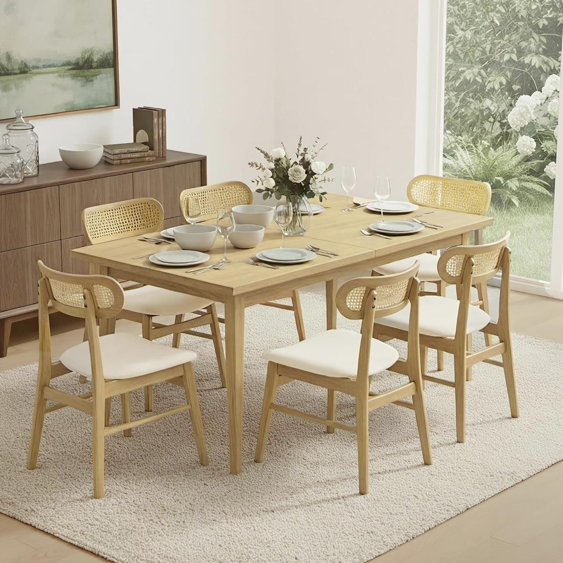 Wooden Dining Chairs Set of 4, Upholstered Modern Dining Room Chairs, Mid Century Oak Wood Kitchen Chairs with Rattan Backrest for Farmhouse, Kitchen, Restaurant (Cream Fabric & Original Color)
