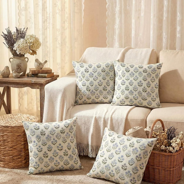 Windkream 4 Pcs Blue Green Block Print Pillow Covers 18x18 Inch Double Sided Vintage Spring Floral Decorative Couch Throw Pillows Boho Linen Pillowcases for Farmhouse Sofa, Couch, Outdoor Patio Decor