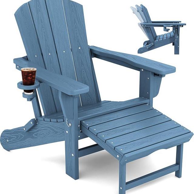 KINGYES Folding Adjustable Adirondack Chair with Retractable Ottoman, Blue