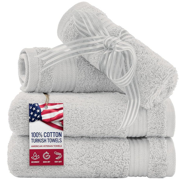 American Veteran Towel, 100% Cotton Turkish Washcloths for Bathroom Essentials 4 Pack, Soft Absorbent Wash Cloths Quick Drying Small Towels Washrags, Silver Grey