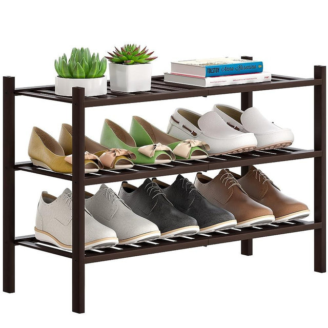 FILWH Bamboo Shoe Rack Stackable Shoe Shelf Storage Organizer for Unit Entryway Hallway and Closet Sturdy Freestanding Shoe Shelf Natural (3 Tier Brown)