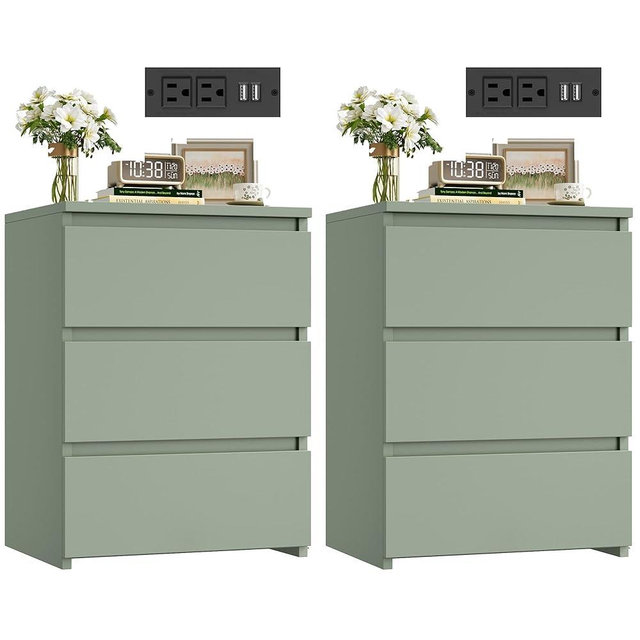 FOTOSOK Nightstand Set of 2, 26" H Night Stand with Charging Station, Nightstand Set 2 with USB Ports & Power Outlets, Silent Slides, Wooden End Side Table Bedside Table for Bedroom, Green