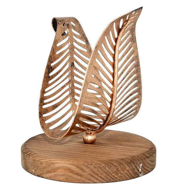 OwlGift Freestanding Modern Napkin Holder w/Bronze Metal Leaf & Brown Wooden Base Design, Tabletop Tissue Dispenser, Napkin Storage Organizer