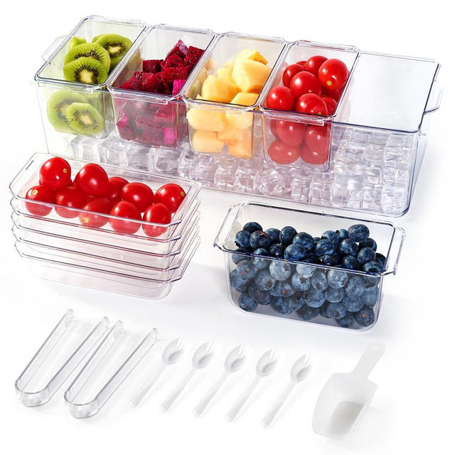 Luckore Chilled Condiment Tray Server with 5 Containers and Removable Compartments, Large Ice Chilled Condiment Organizer, Clear Garnish Serving Platter for Fruit, Salad, Food, Bar Accessories