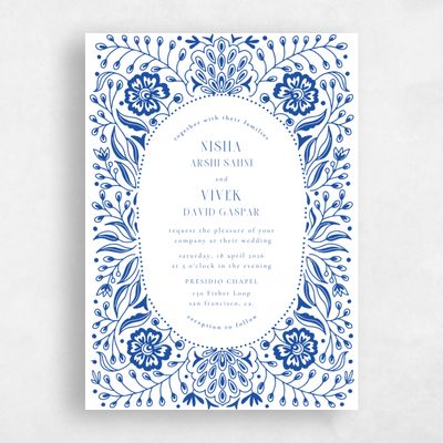 Blue Floral Wedding Invitation - Calliope Portrait